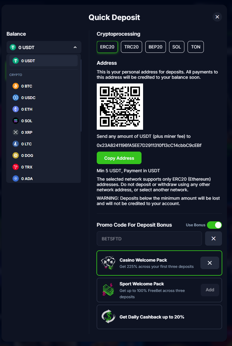 Bets.io crypto deposit window