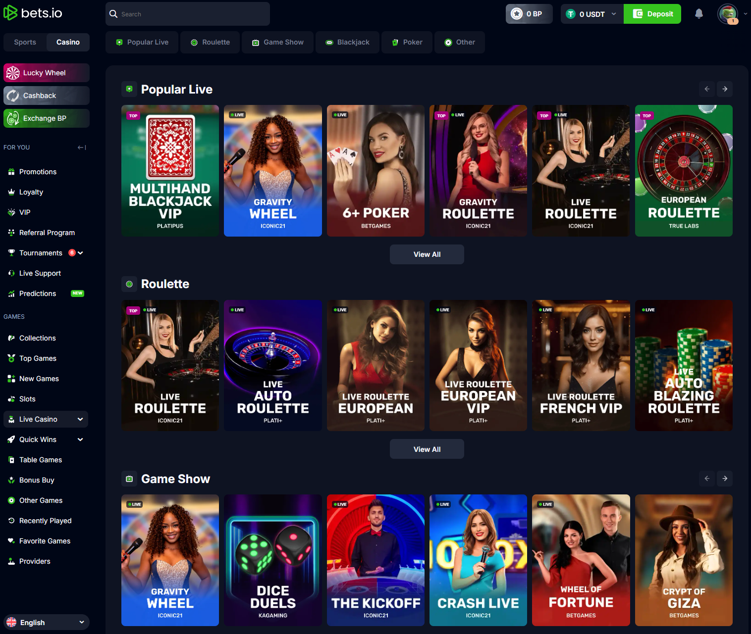 Bets.io live casino lobby