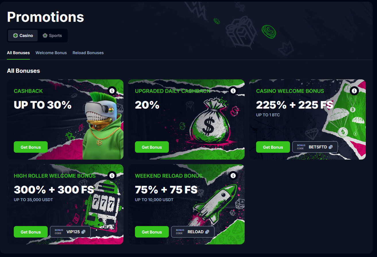 Bets.io promotions page with bonus cards