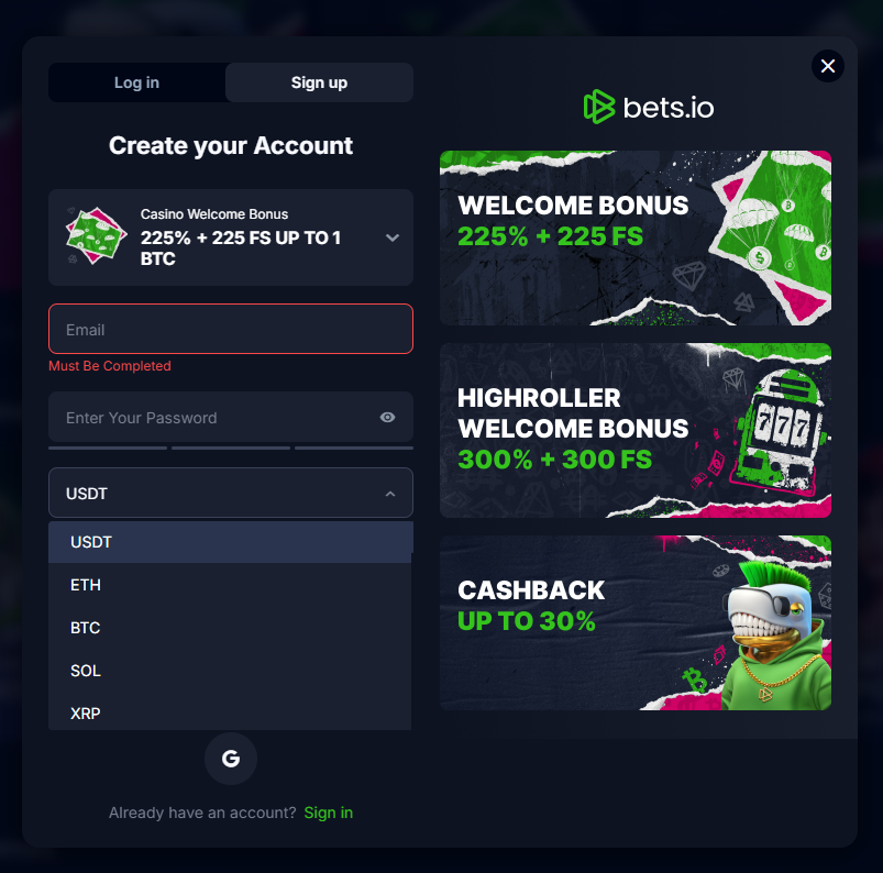 Bets.io registration window