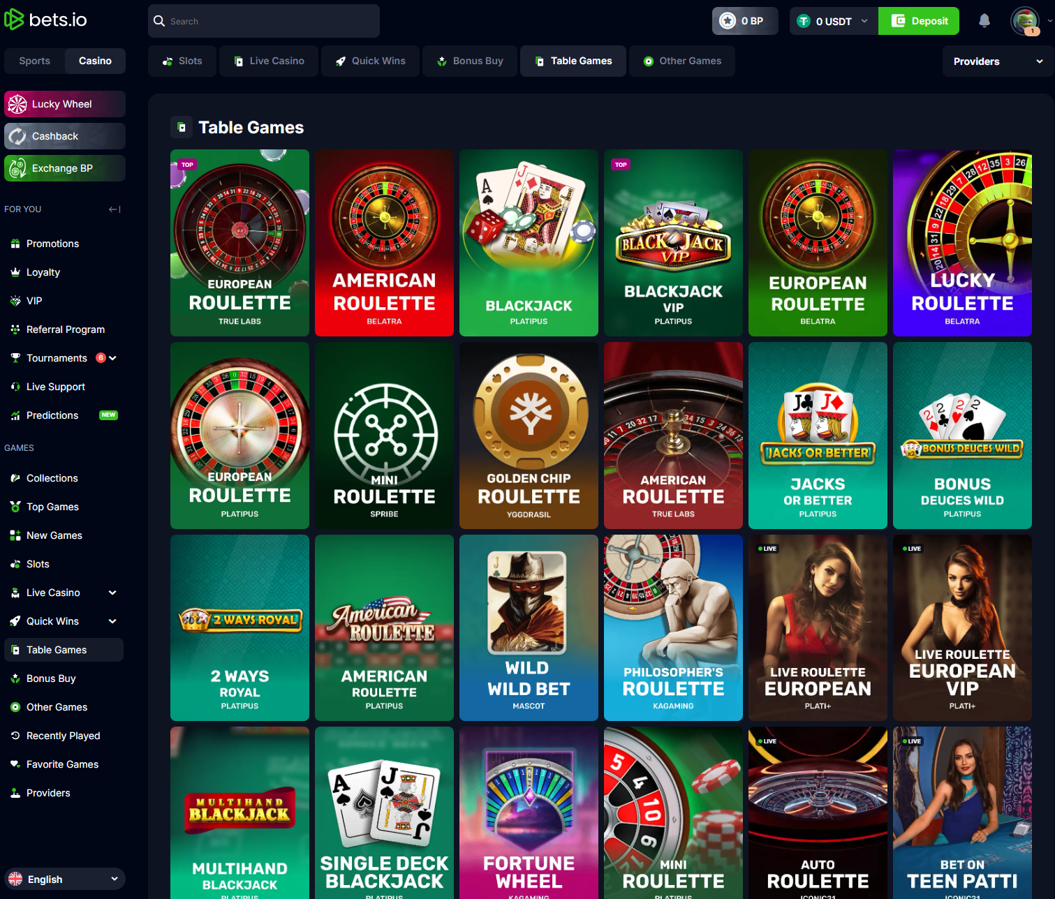 Bets.io table games section