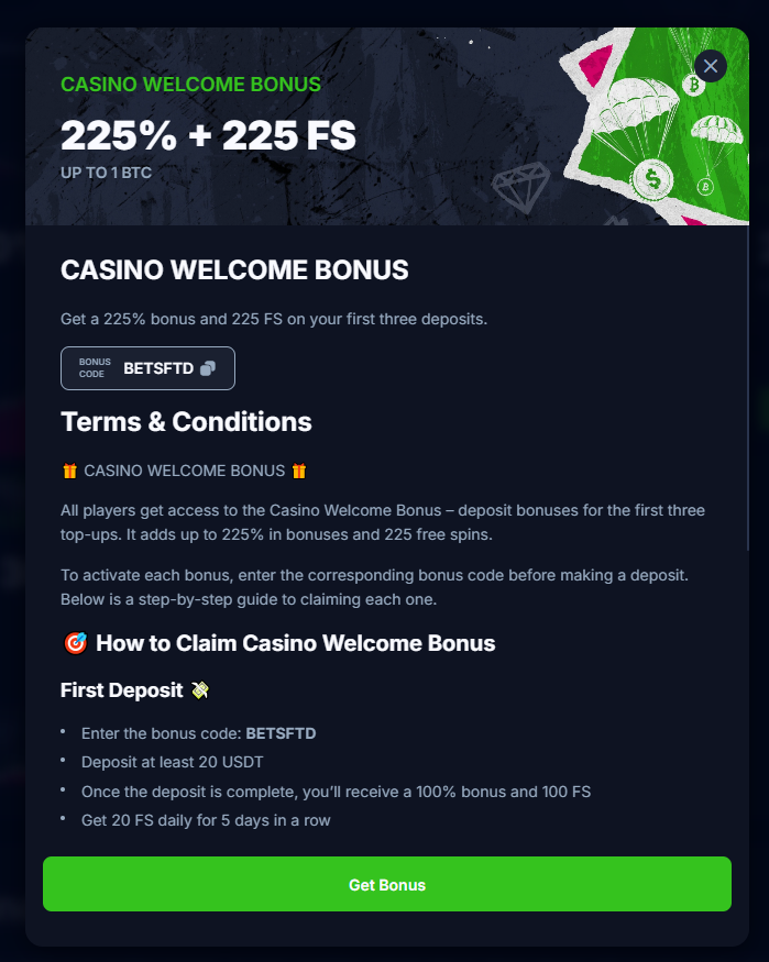 Bets.io casino welcome bonus 225% + 225 free spins
