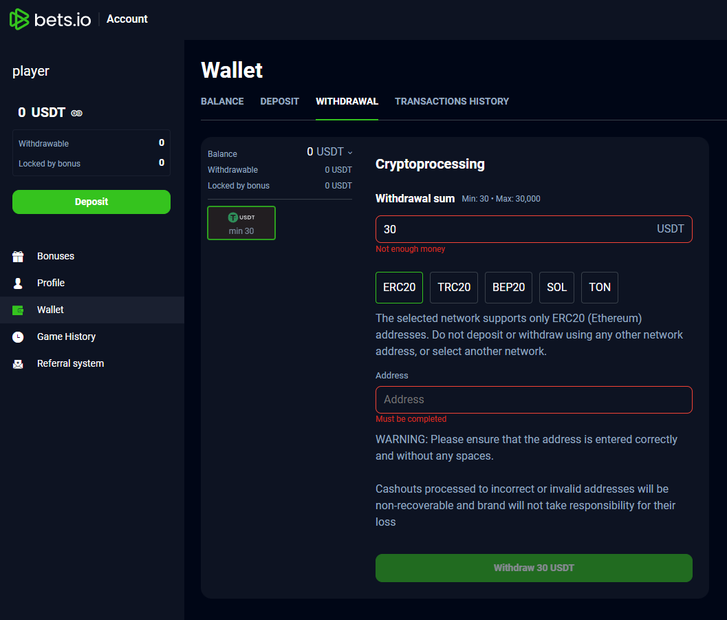 Bets.io withdrawal request window