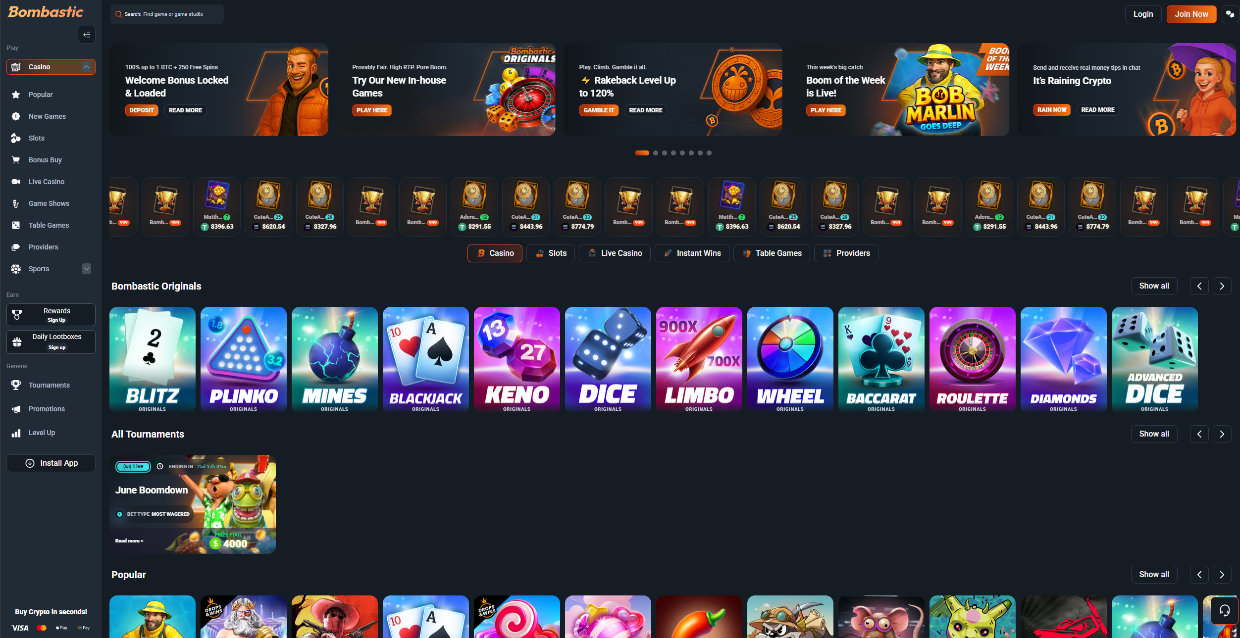 Bombastic Casino homepage overview