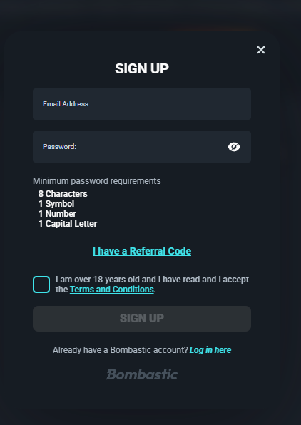 Bombastic Casino registration window