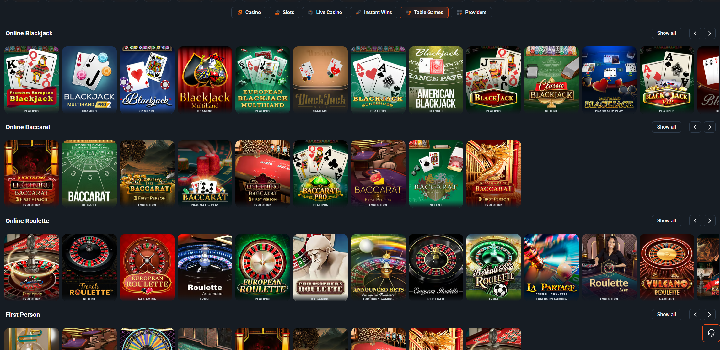 Bombastic table games section