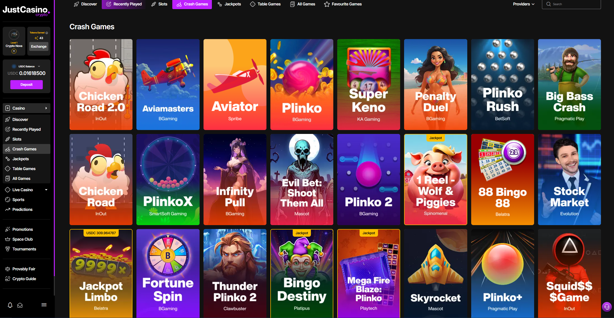 JustCasino crash games section