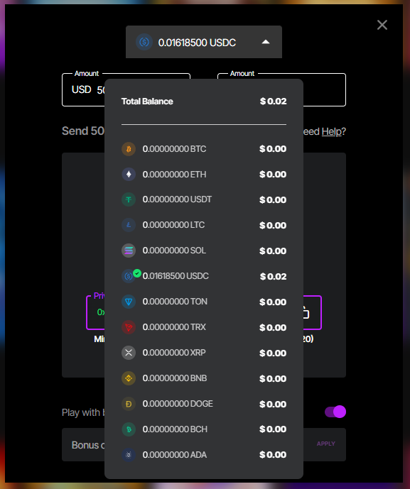 JustCasino deposit window with crypto coin selection