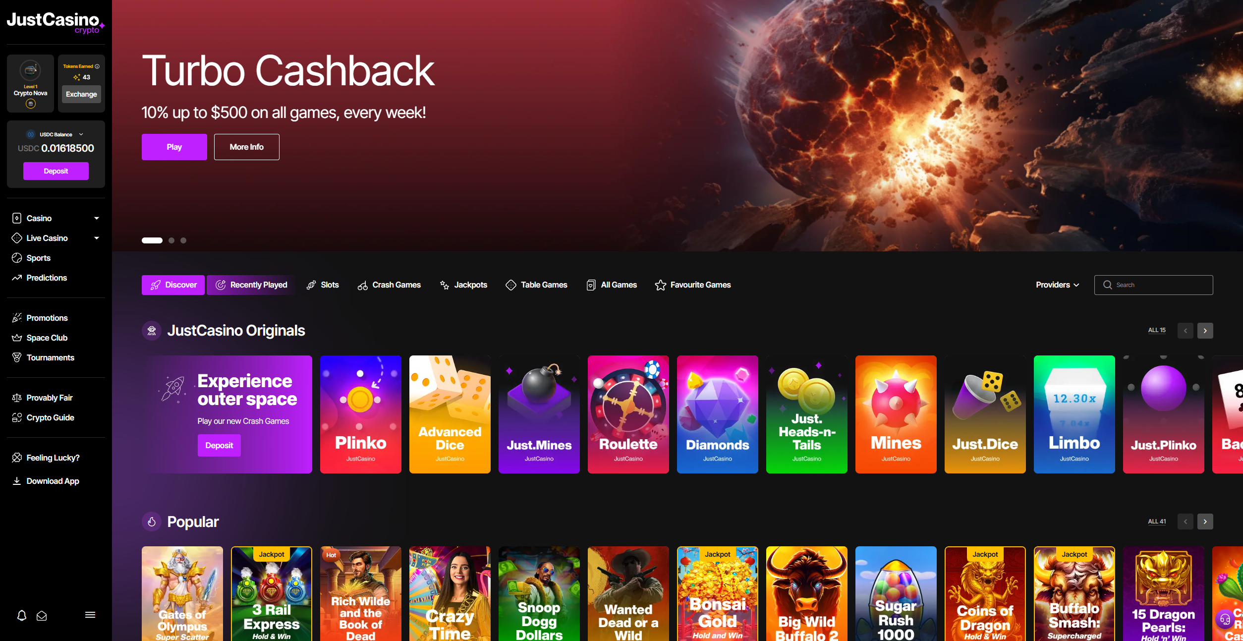 JustCasino.io platform interface