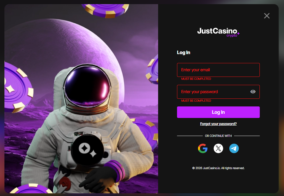 JustCasino login window