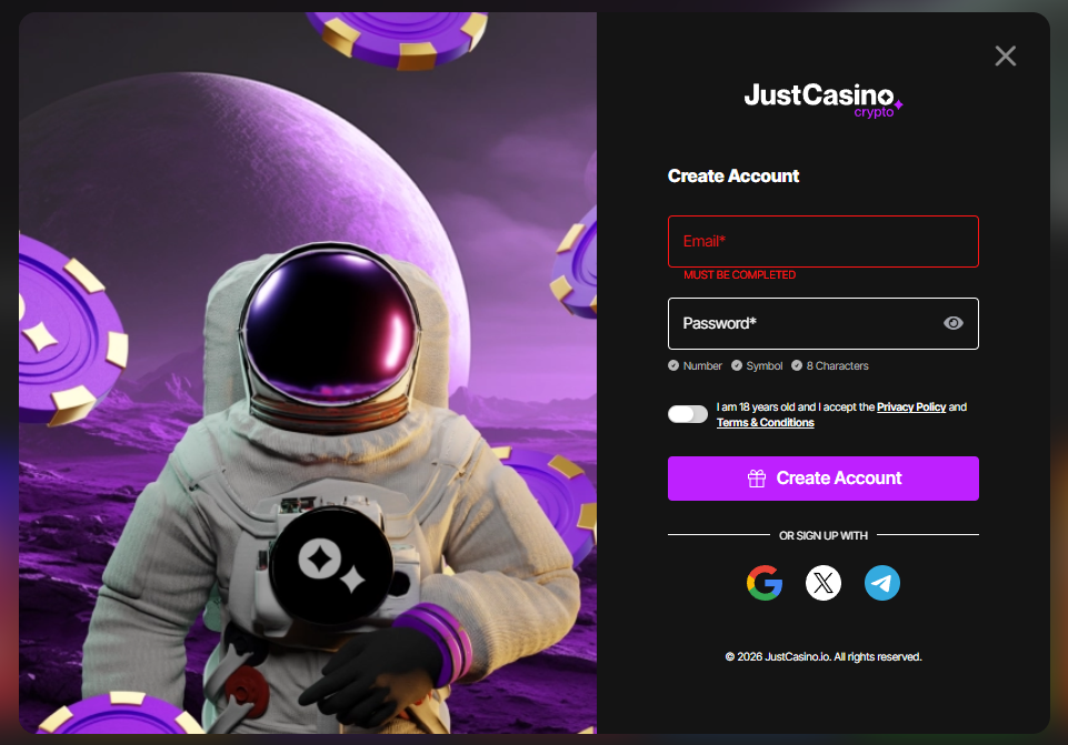 JustCasino registration window with email and password
