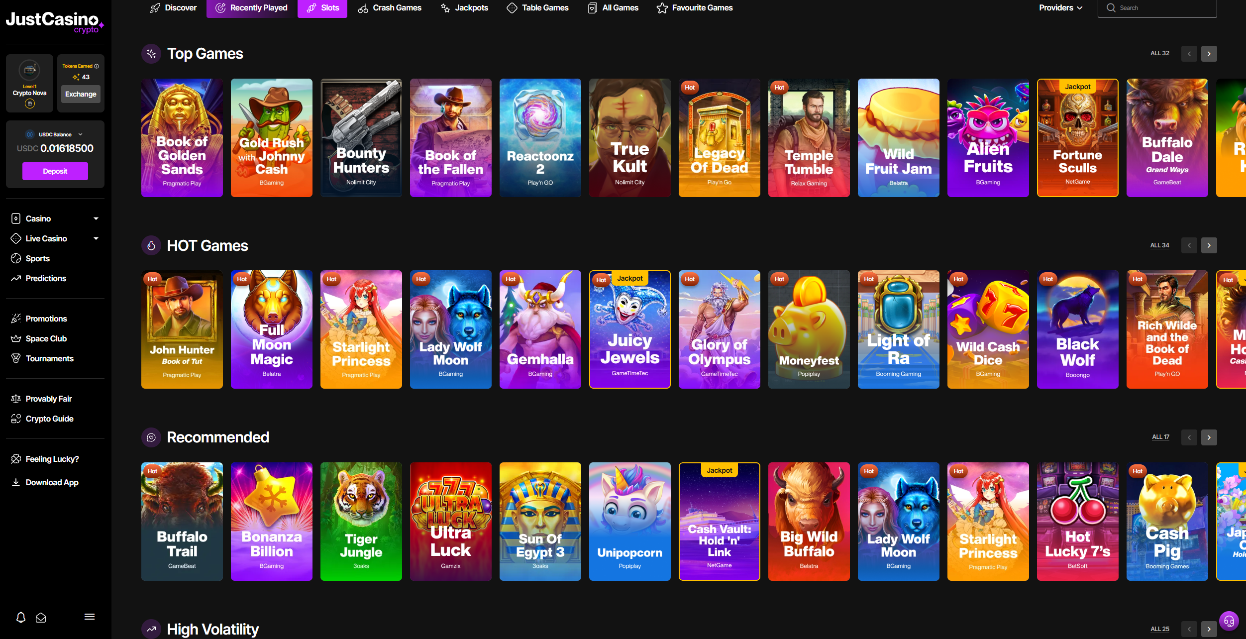 JustCasino slots lobby with thousands of games