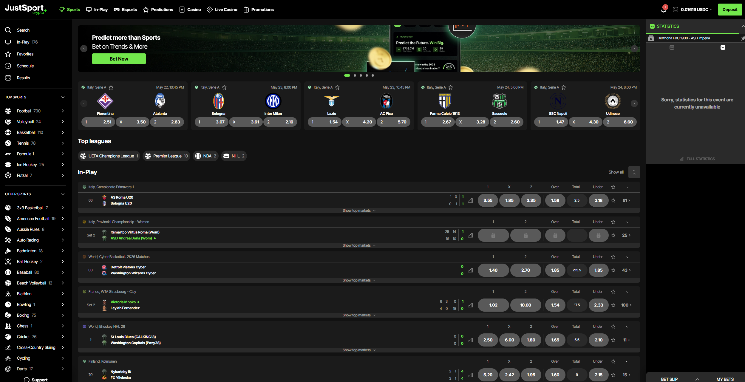JustCasino sportsbook betting section