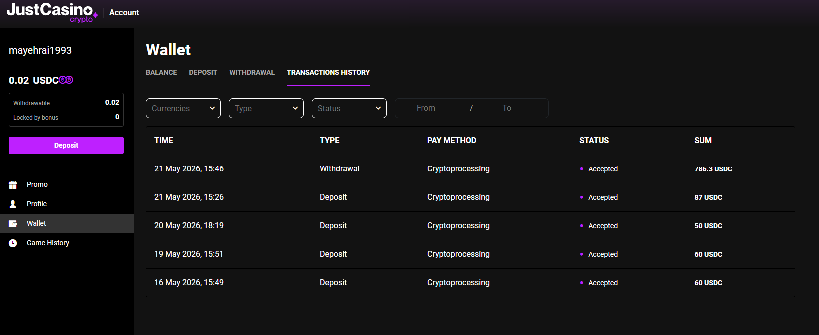 JustCasino transactions page with deposits and withdrawals