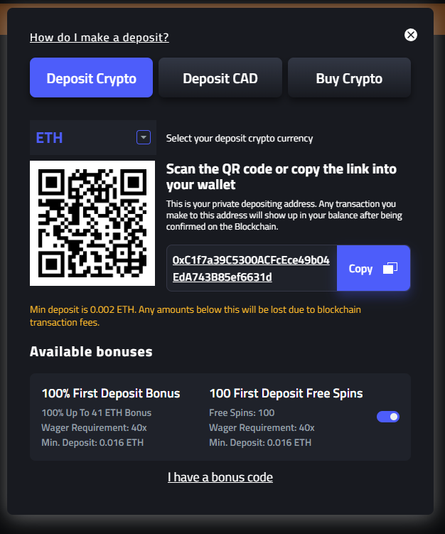 mBit Casino crypto deposit window
