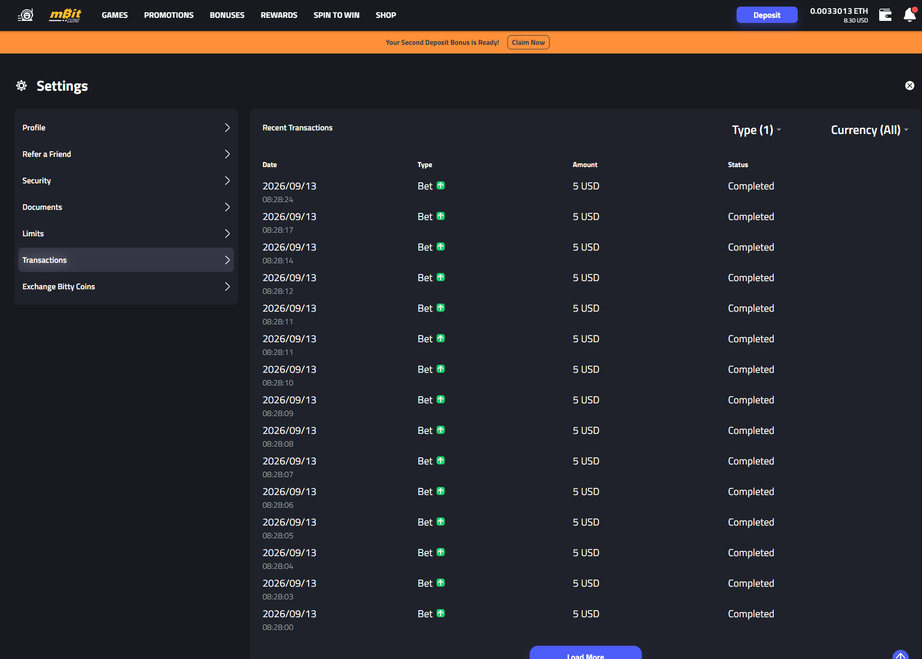 mBit Casino bet history view