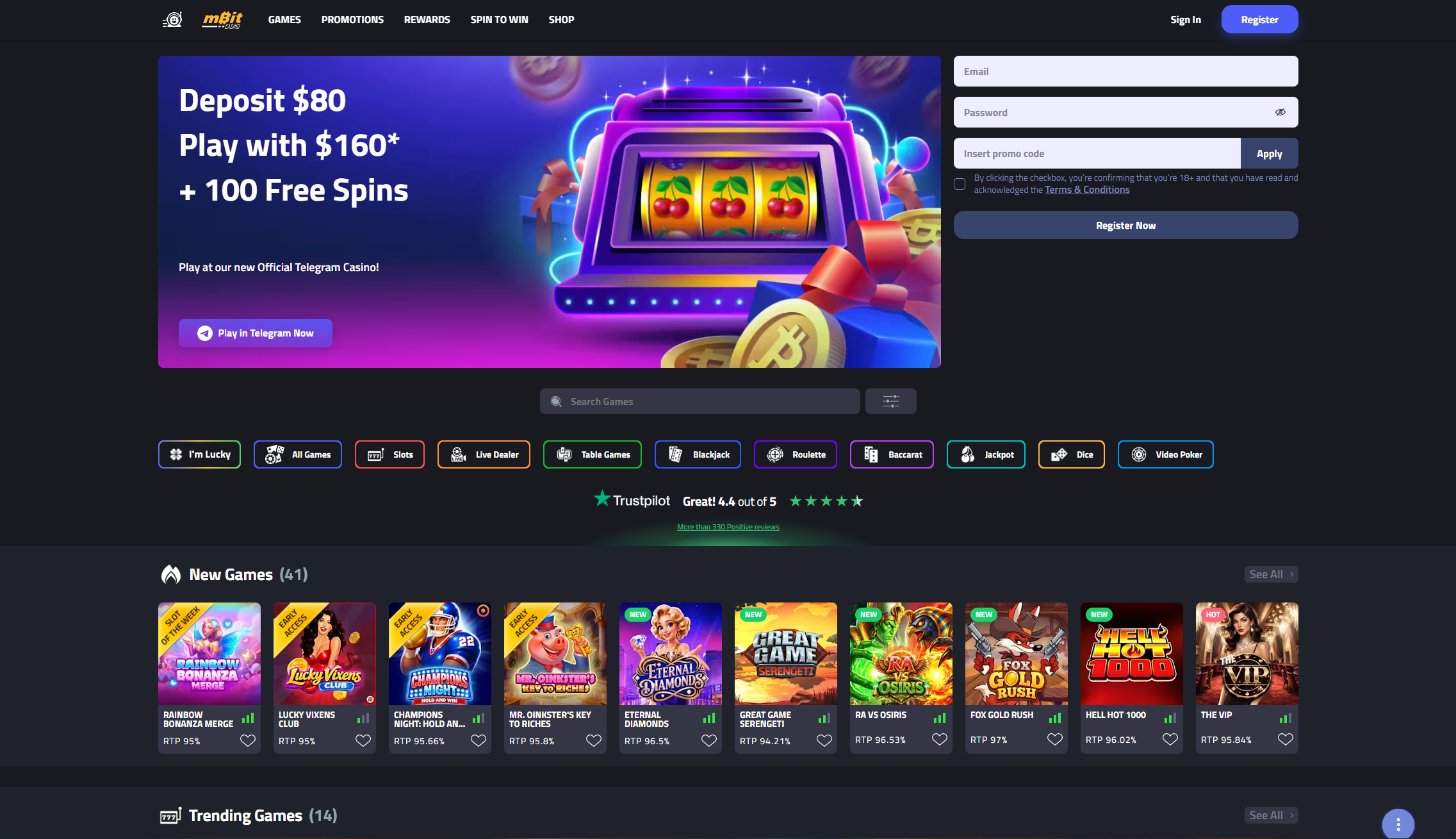 mBit Casino homepage and lobby overview