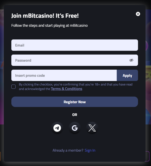 mBit Casino registration window with email and password