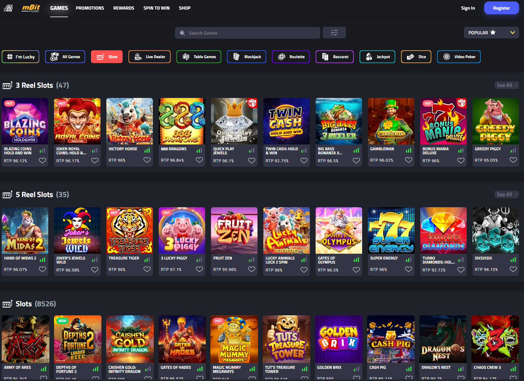 mBit Casino slots lobby