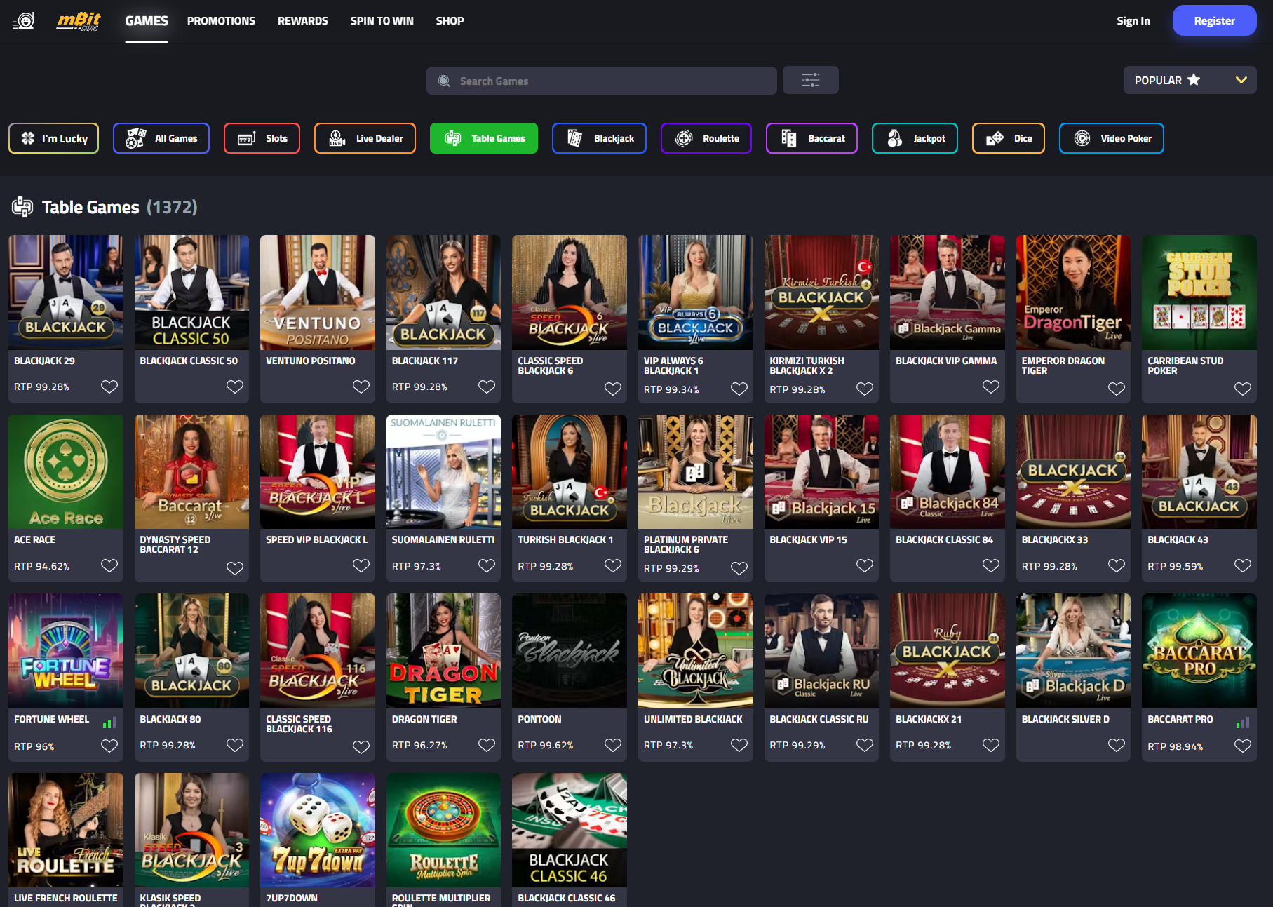 mBit Casino table games section