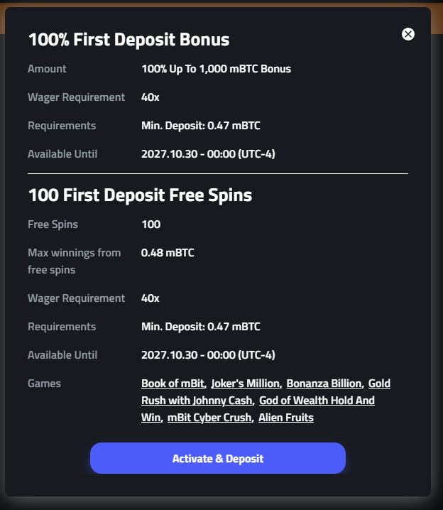mBit Casino welcome bonus and terms overview