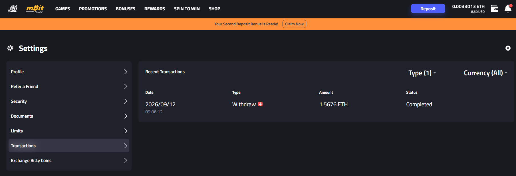 mBit Casino completed withdrawal confirmation
