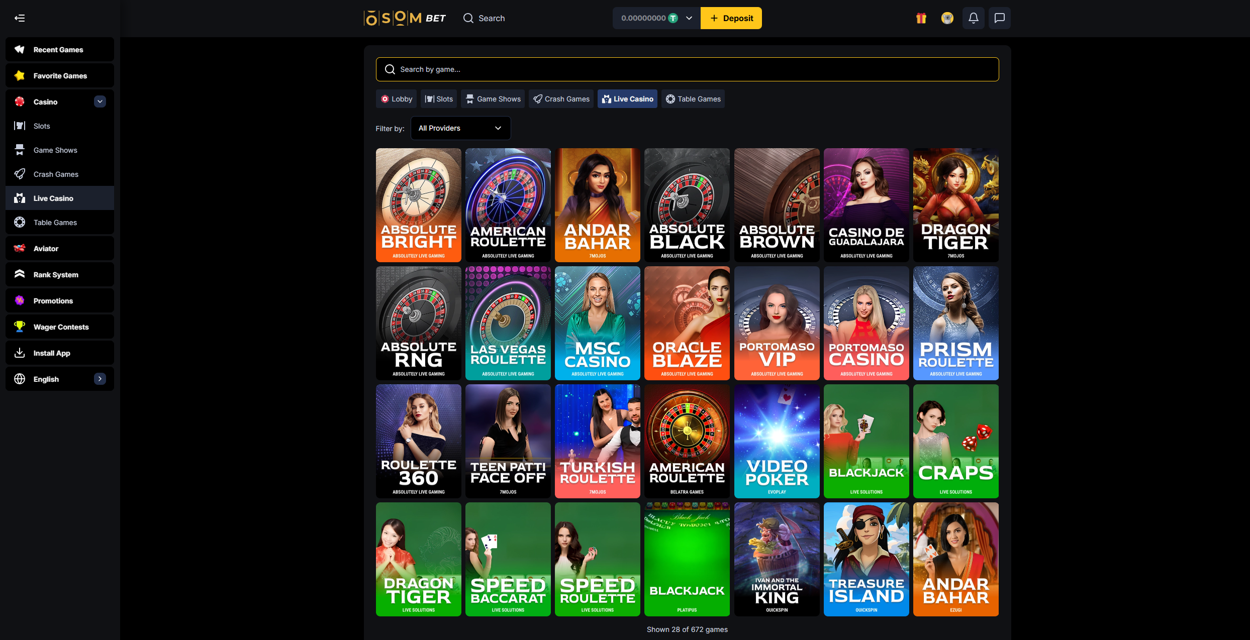 Osombet live casino interface