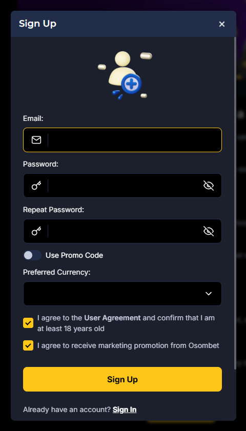 Osombet registration window