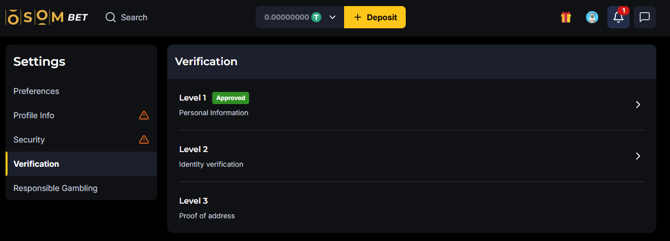 Osombet verification steps in profile