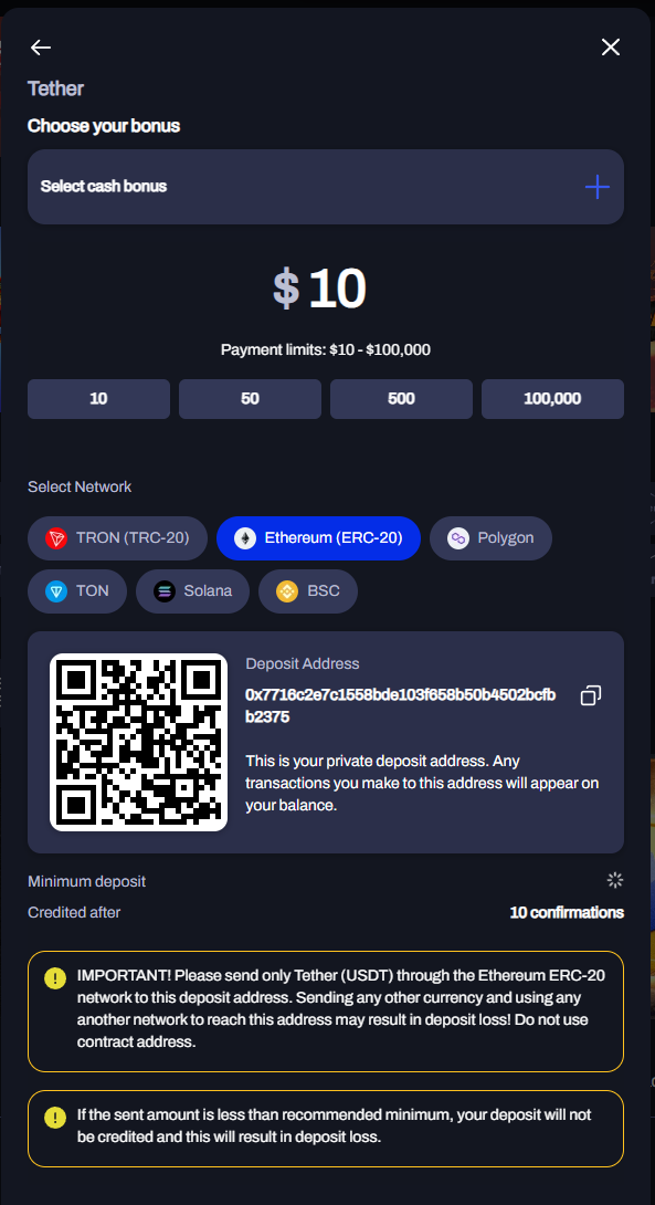 PeakBet deposit screen with wallet address and QR code