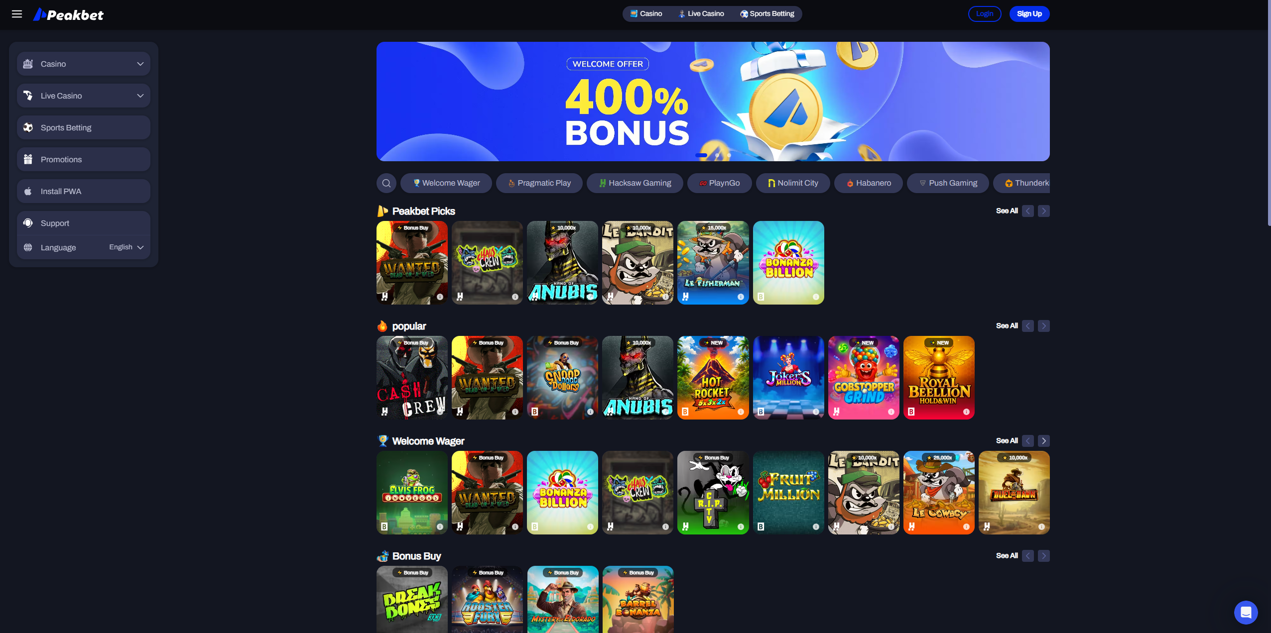 PeakBet.io casino homepage overview