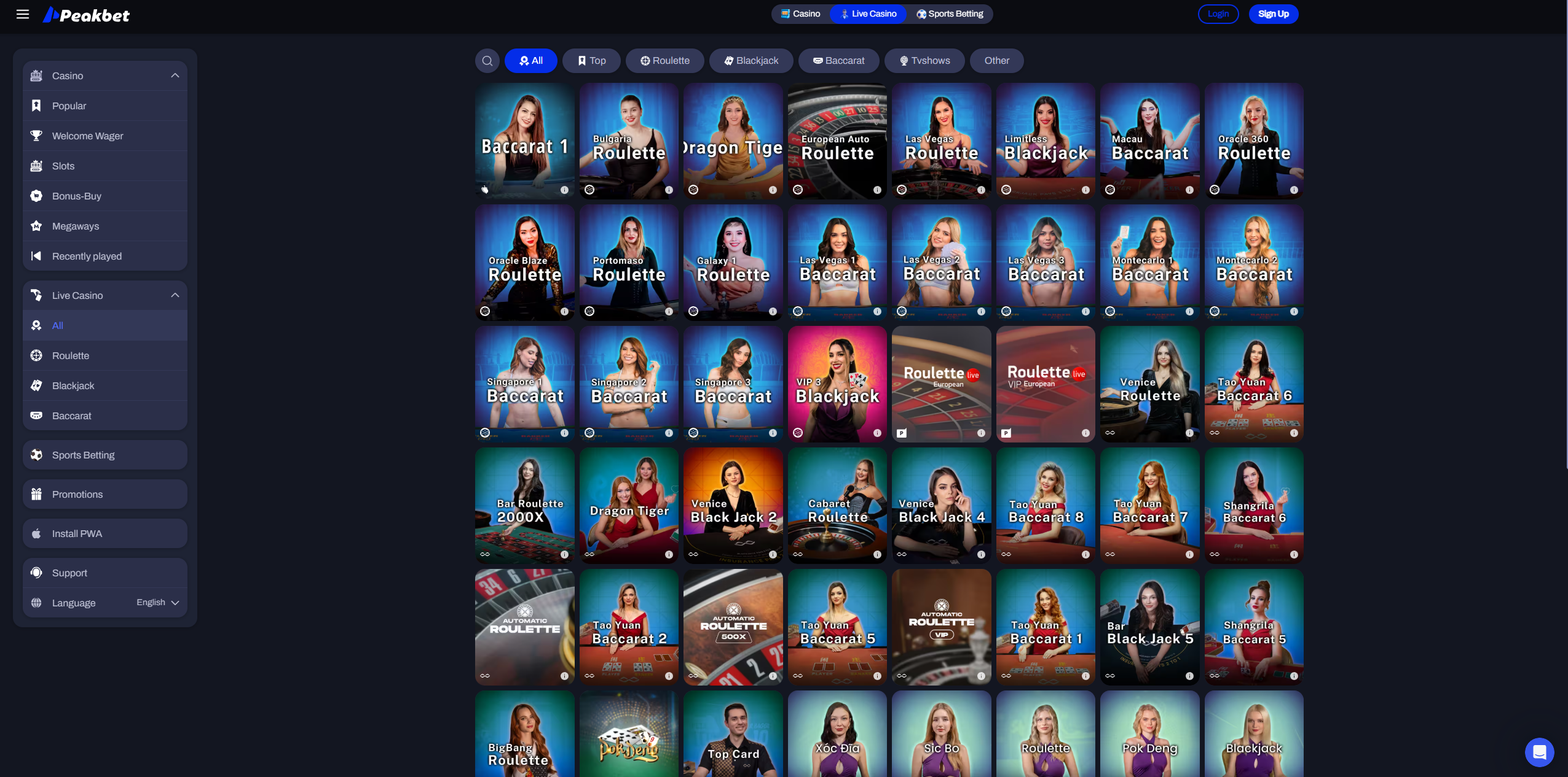 PeakBet live casino section with table games