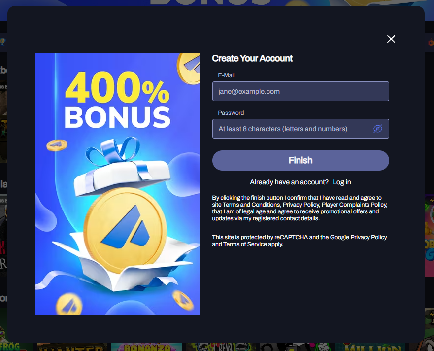 PeakBet registration window with email and password