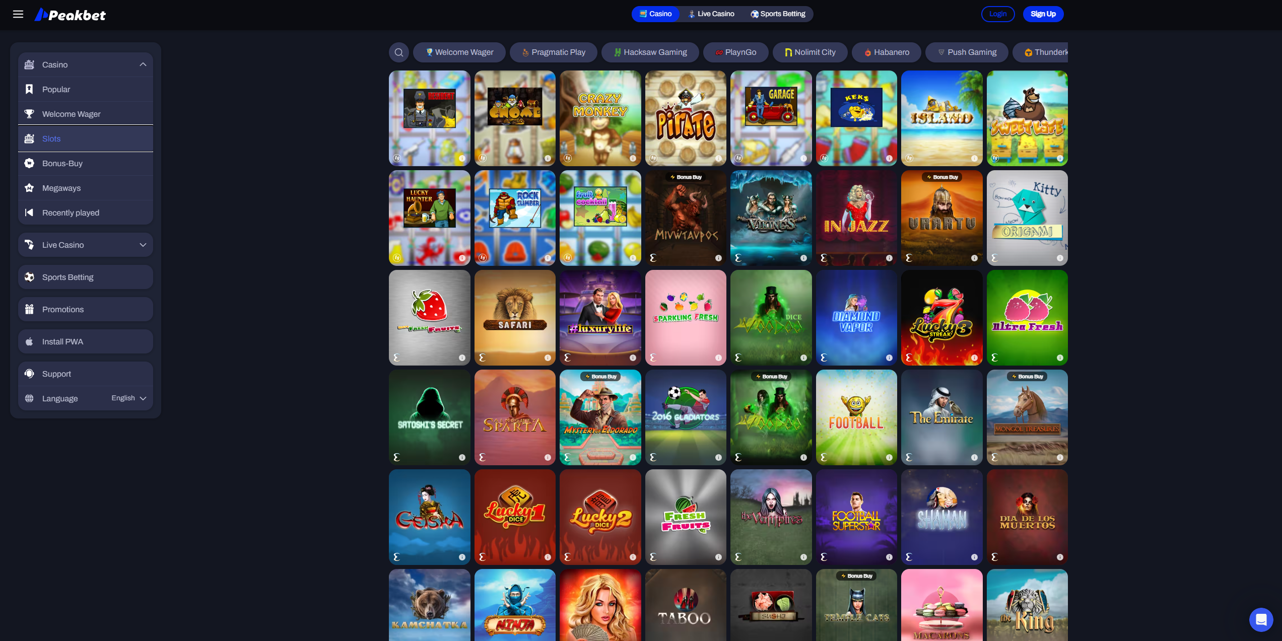 PeakBet slots lobby with game grid