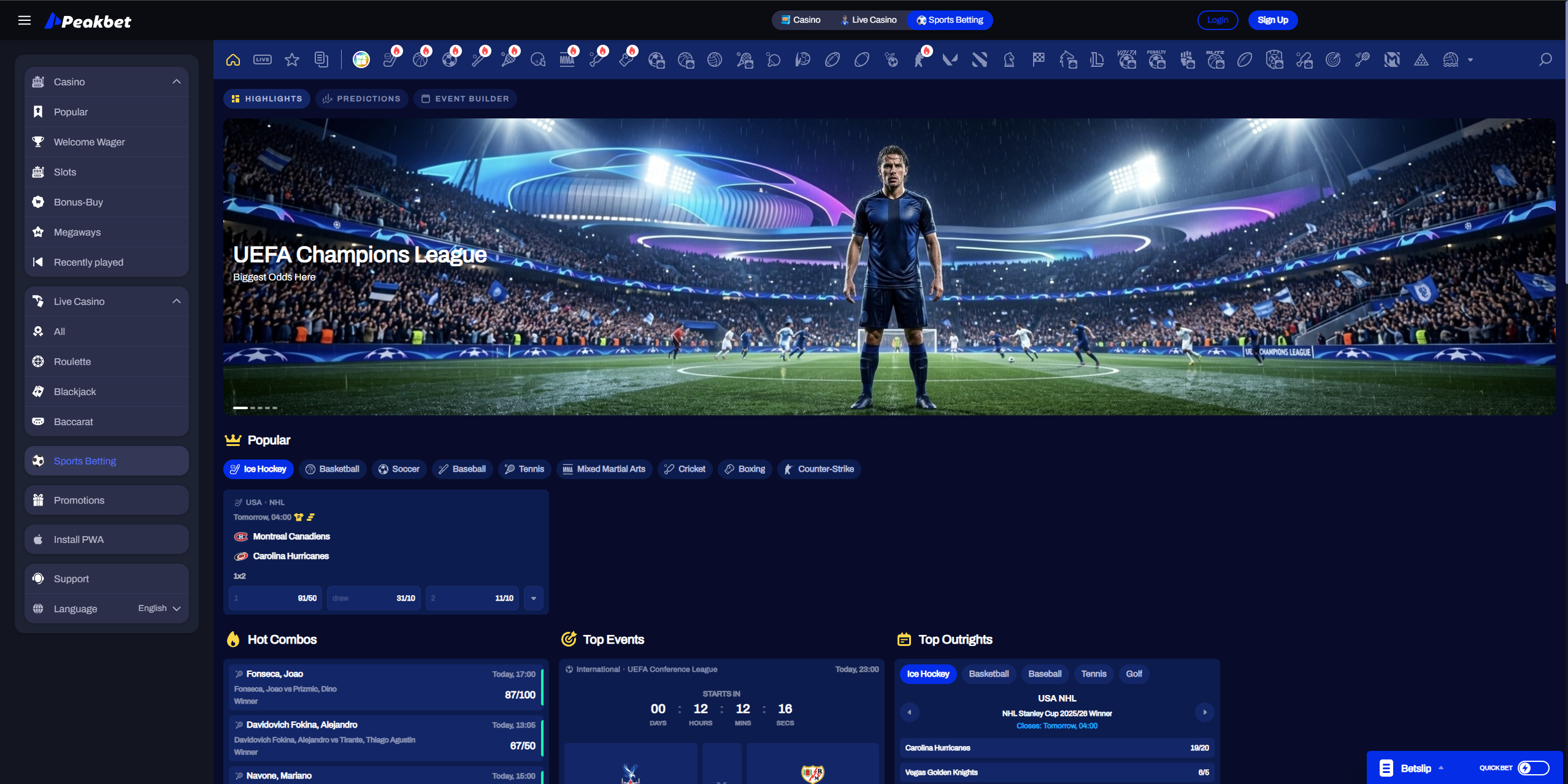 PeakBet sportsbook betting interface