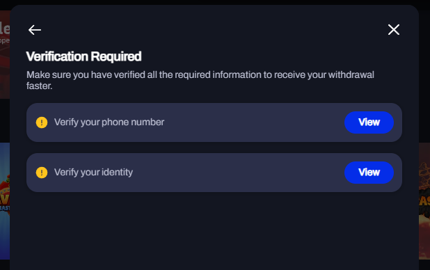 PeakBet verification screen for withdrawals with phone confirmation