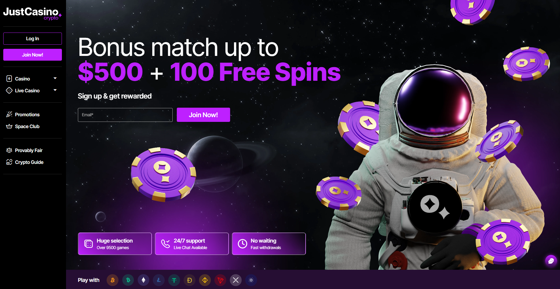 JustCasino.io main homepage overview