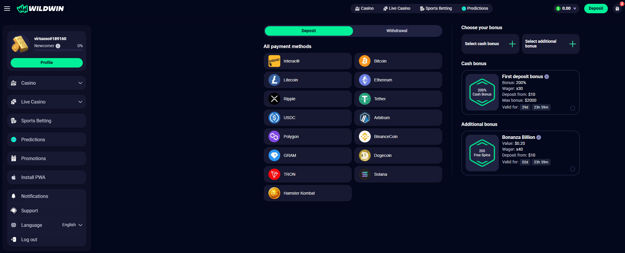 WildWin cryptocurrency deposit coin selection
