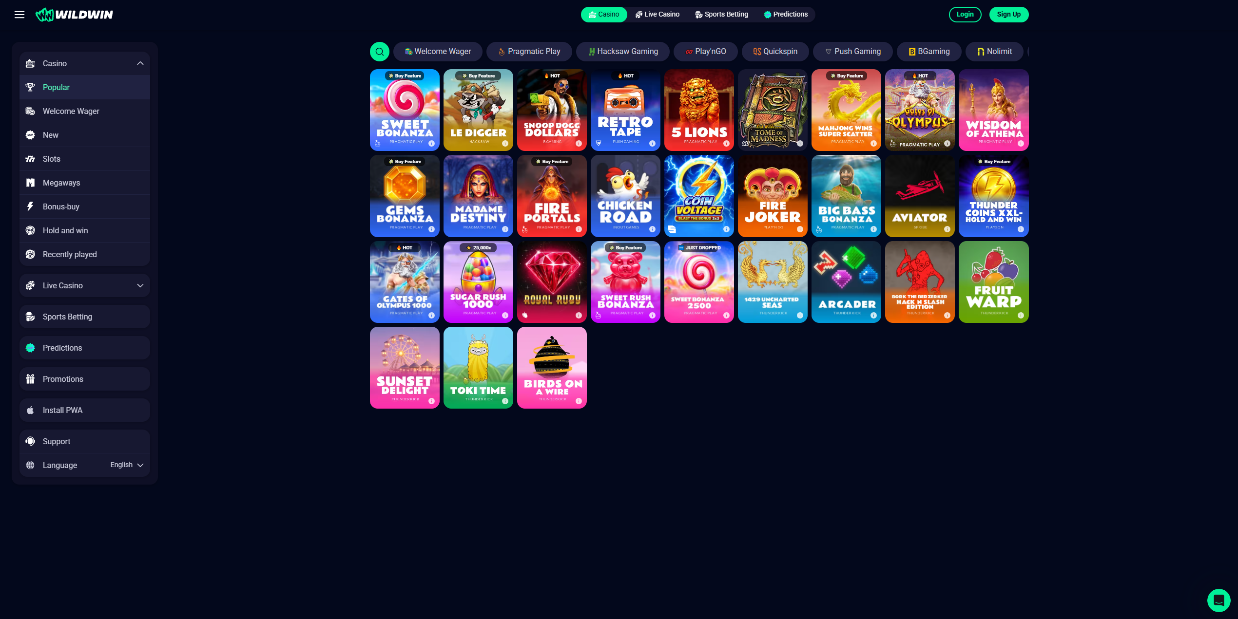 WildWin Casino popular slots lobby