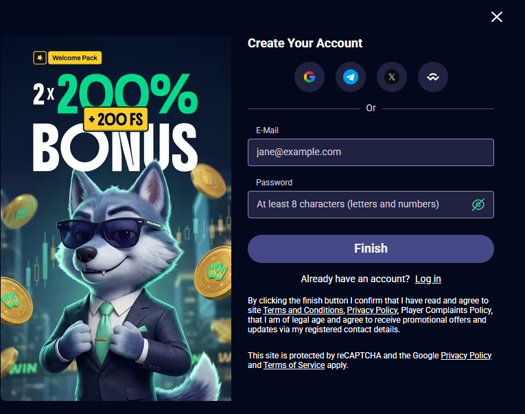 WildWin Casino registration screen
