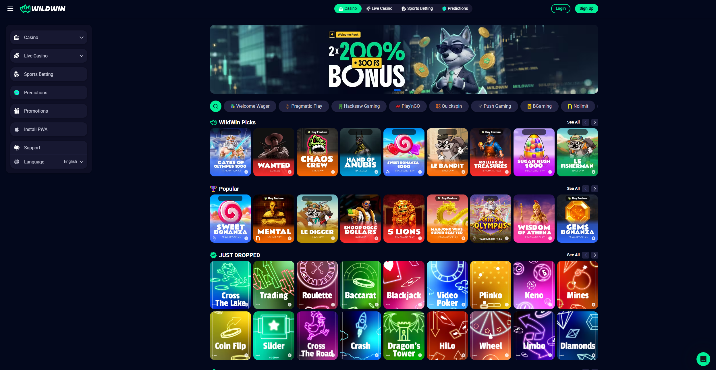 WildWin Casino lobby overview