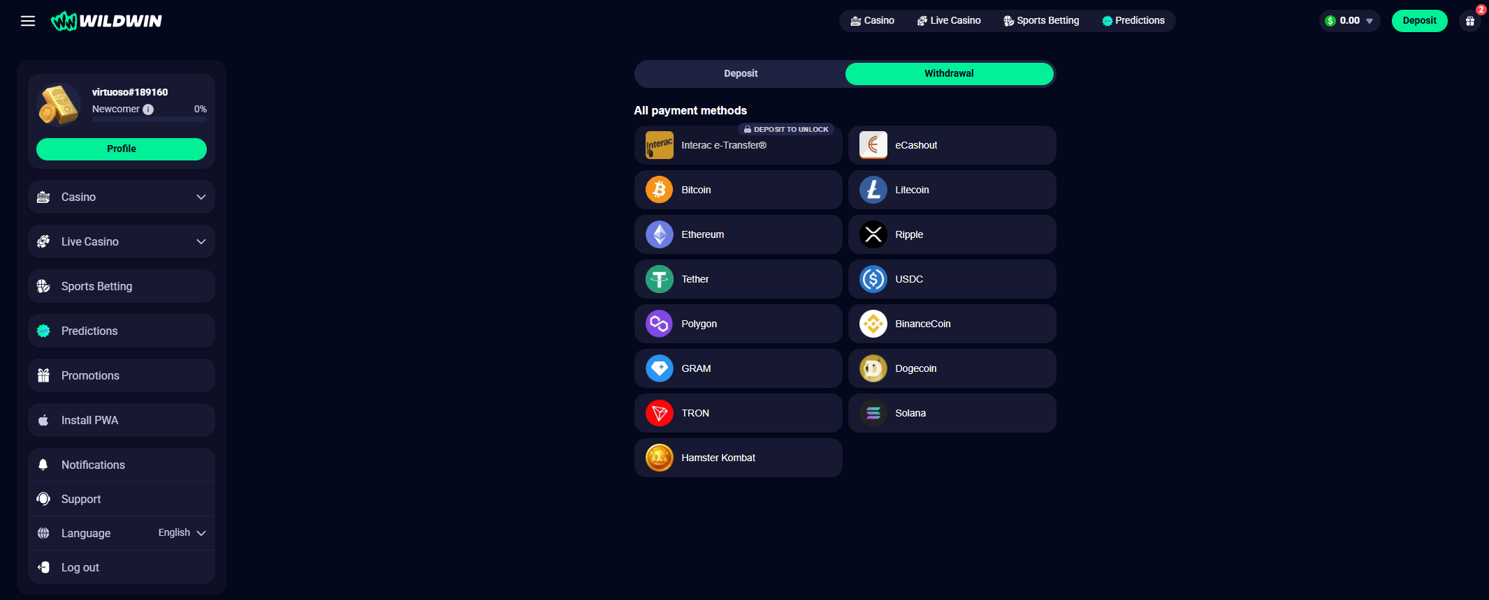 WildWin withdrawal coin selection